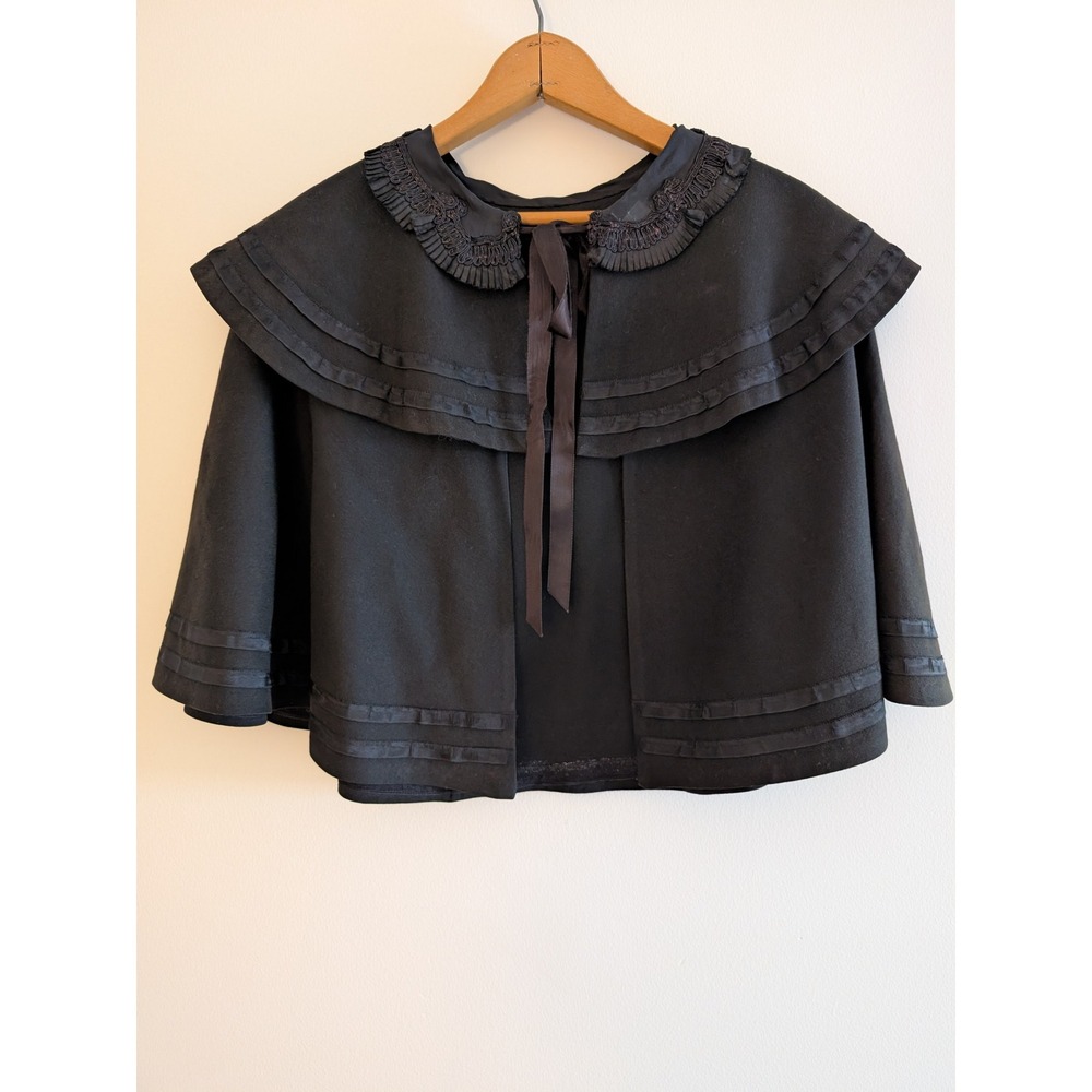 Antique Civil War Era Black Wool Capelet Victorian Couched Trim Mourning Cape